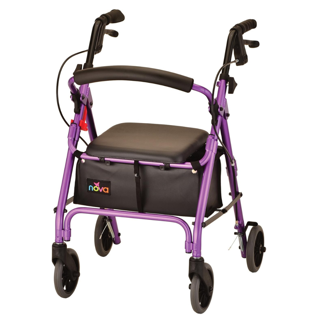 The Nova Medical GetGo Rolling Rollator Walker combines style and function with its sleek purple frame, four wheels, cushioned seat, and ergonomic handlebars. Its black pouch features a multicolored nova logo, making this petite mobility walker perfect for those seeking reliability and flair.